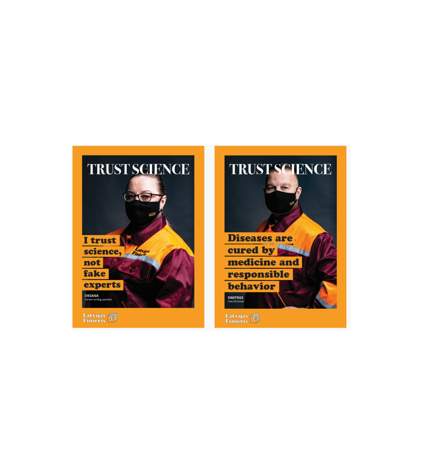 A man and a woman with a masks on and statement "Trust science" and the logo "Latvijas Fienieris"