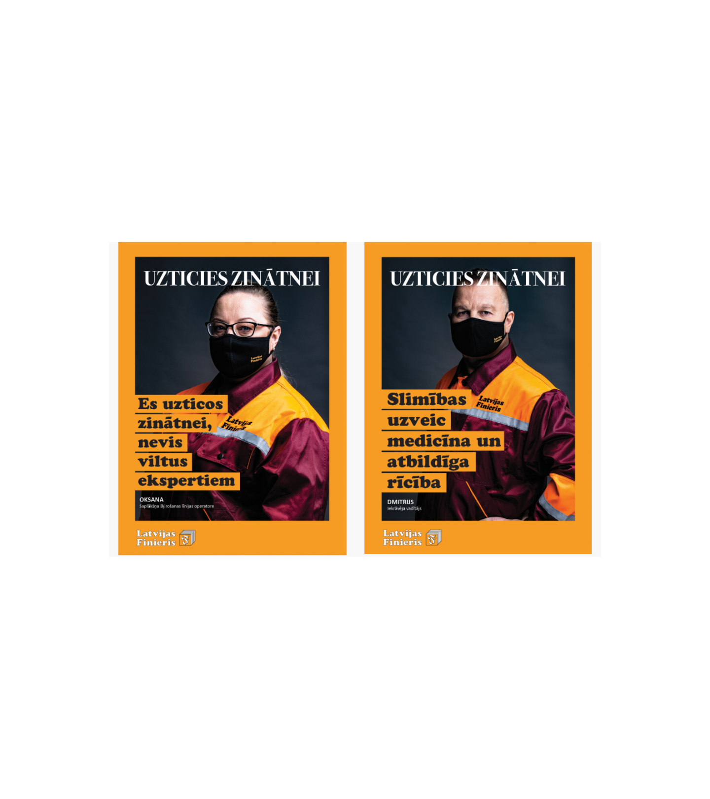 Vīrietis un sieviete ar maskām un uzrakstu "Uzticies zinātnei" un "Latvijas Fienieris" logo