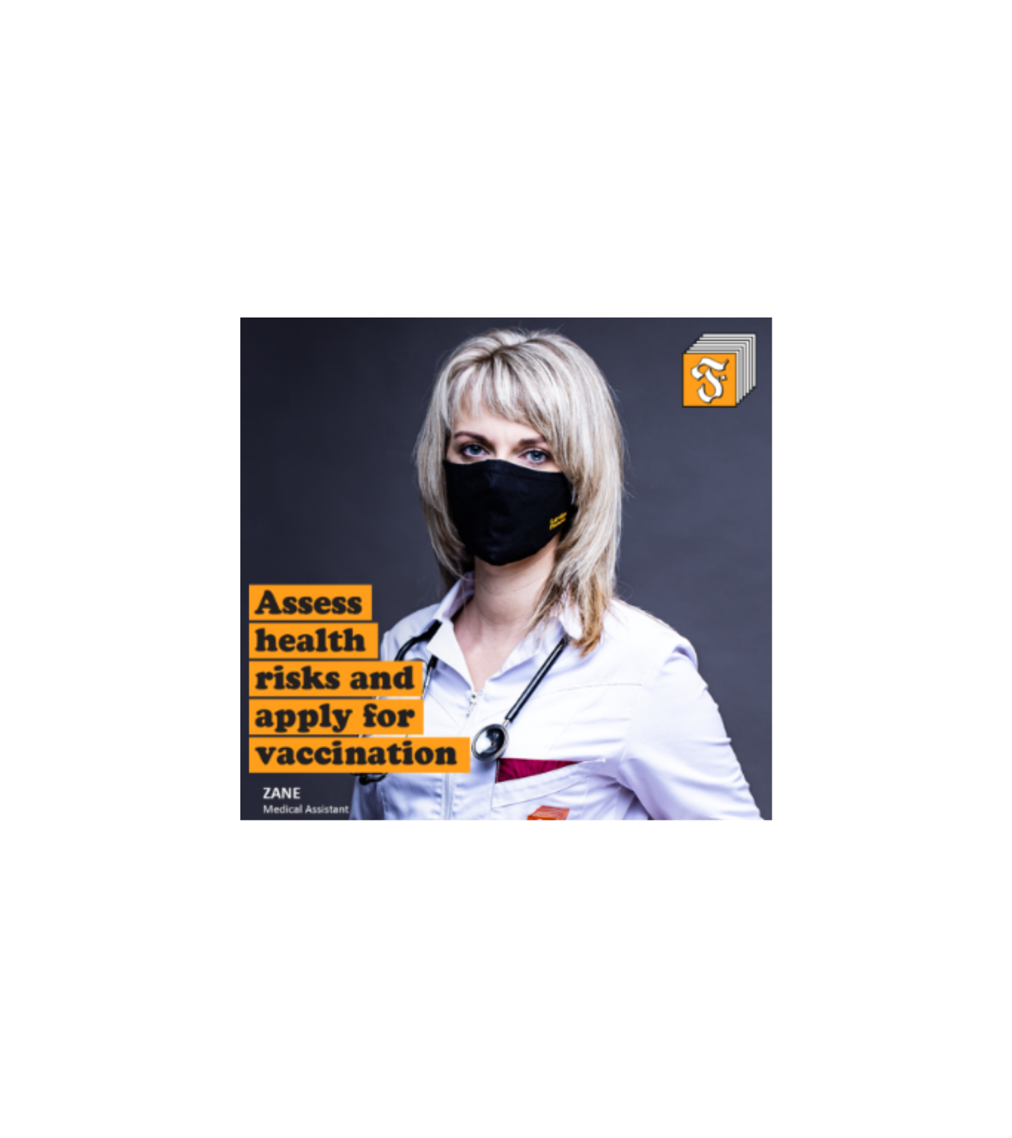 A woman with a mask on with the statement "Assess health risks and apply for vaccination" and the logo "Latvijas Fienieris"