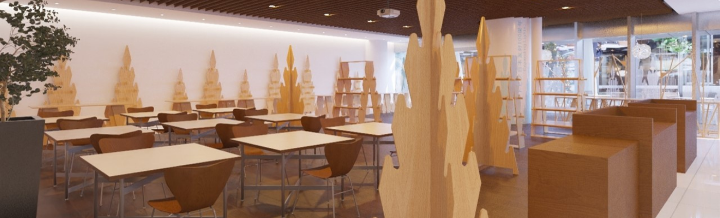 Plywood used in the furniture of a bright dining area of a social place