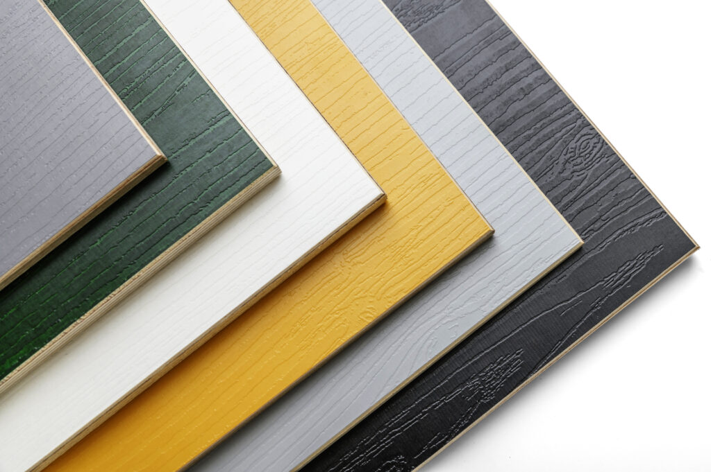 Stack of Riga Timber in silver gray, green, opal white, yellow, light gray, black